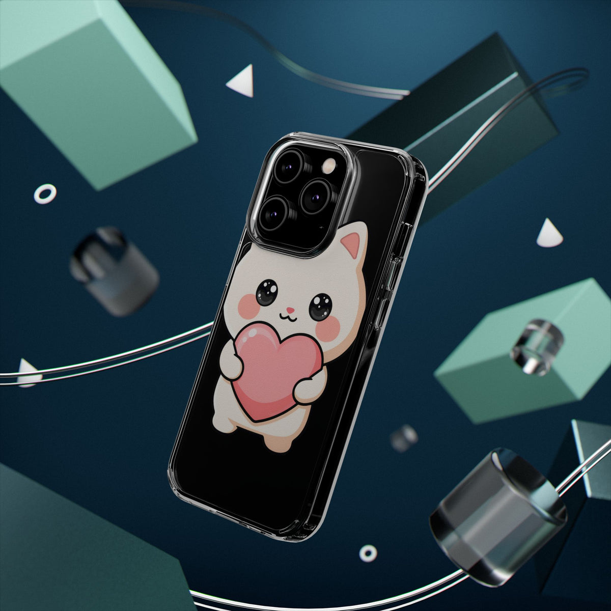 Kawaii Cat Phone Case with Heart, Clear Impact-Resistant