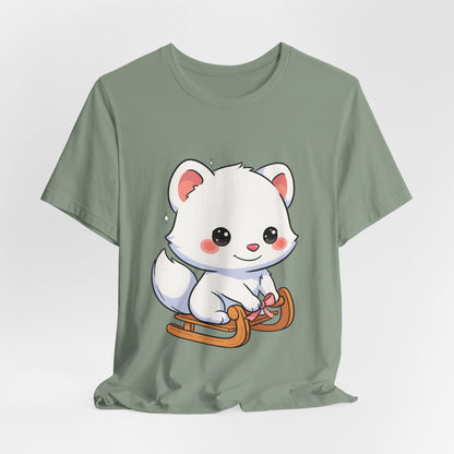 Kawaii Arctic Fox Sledding T-Shirt, Cute Unisex Tee