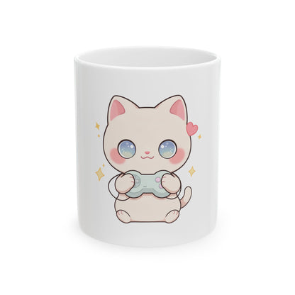 Kawaii Gamer Cat Mug, Cute Video Game Cat Ceramic Coffee Mug