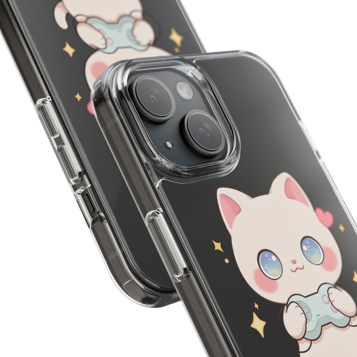 Kawaii Gamer Cat Clear Phone Case for Gaming Fans