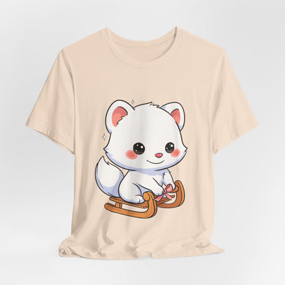 Kawaii Arctic Fox Sledding T-Shirt, Cute Unisex Tee