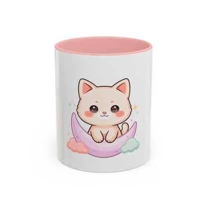 Kawaii Cat Moon Accent Coffee Mug, Cute Cat Lover Gift