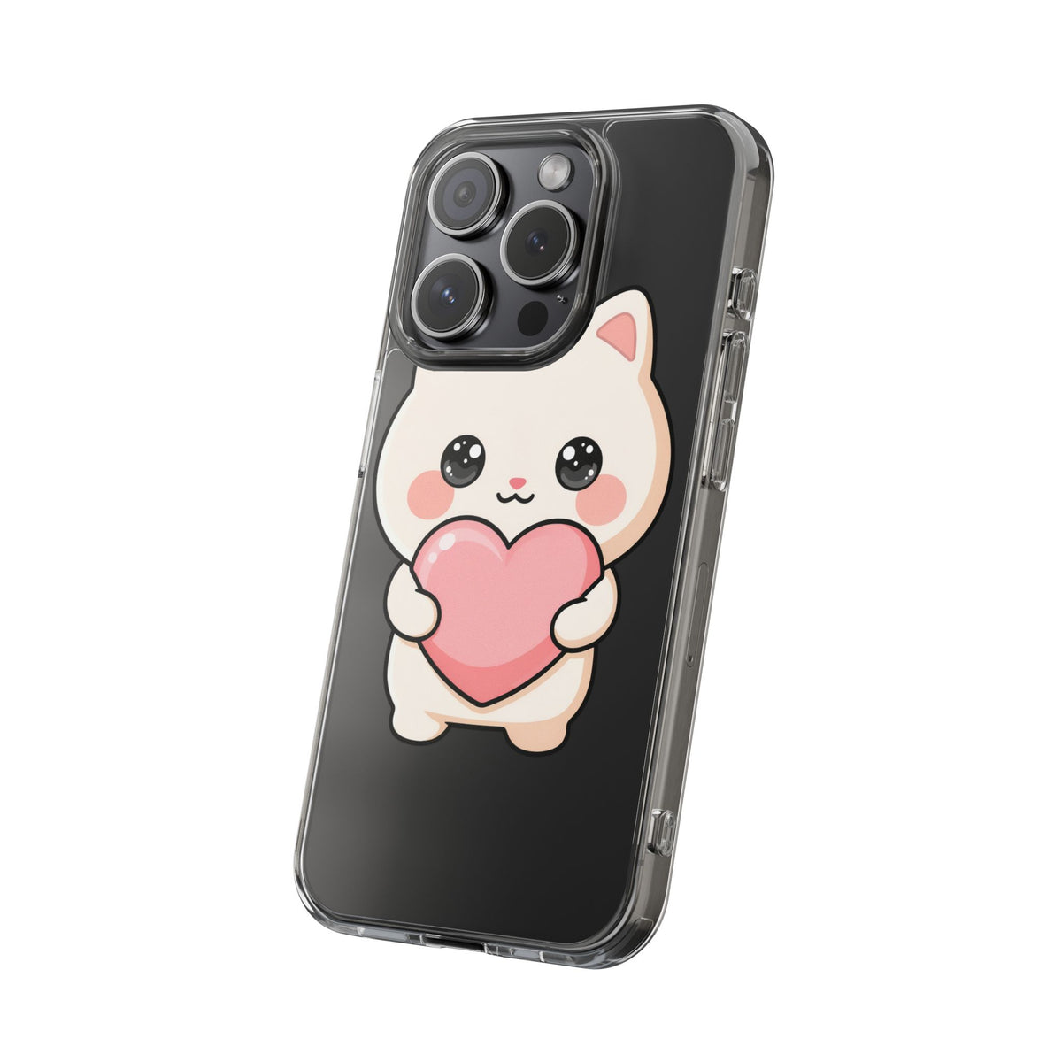 Kawaii Cat Phone Case with Heart, Clear Impact-Resistant