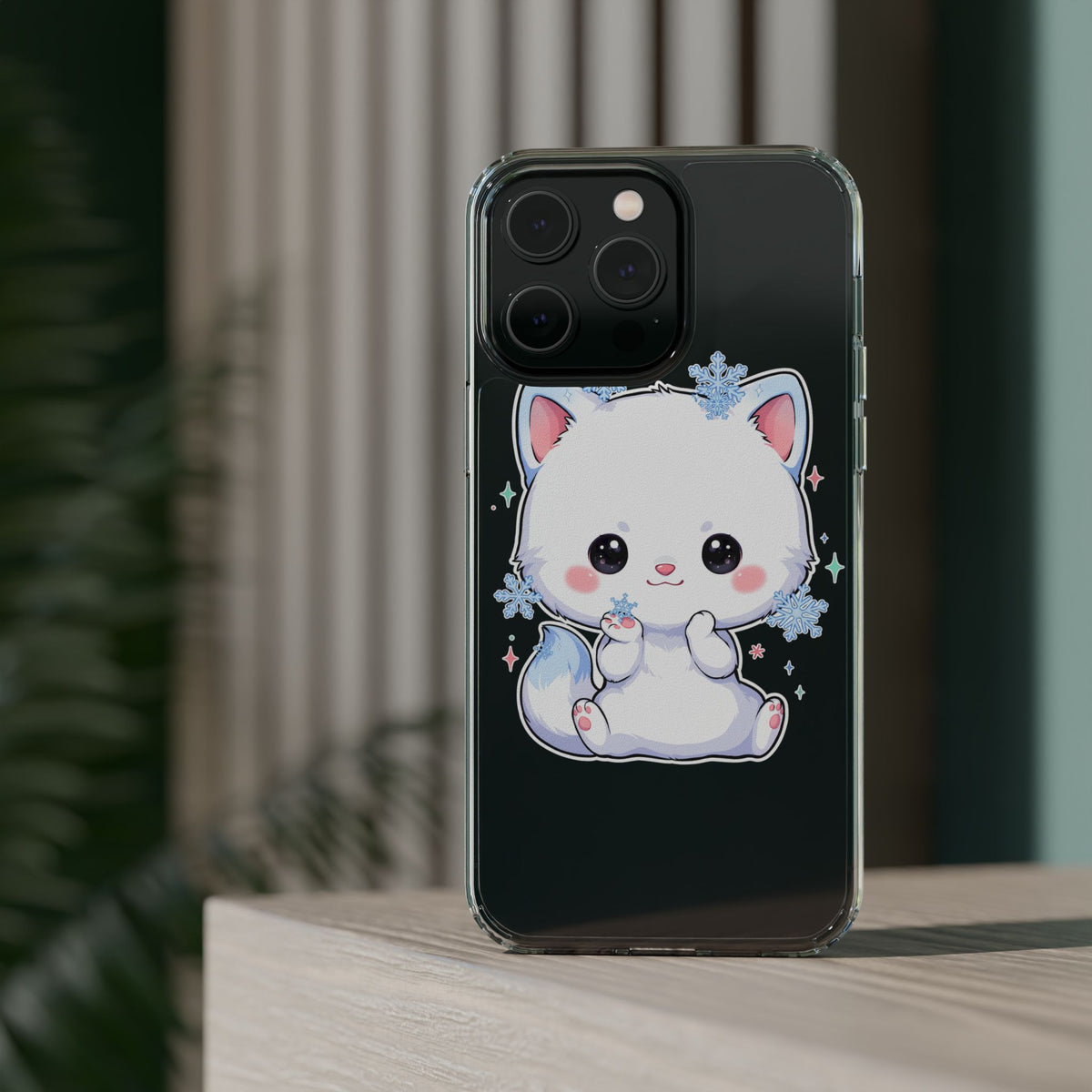Kawaii Arctic Fox Phone Case, Cute Snowflake Clear Case