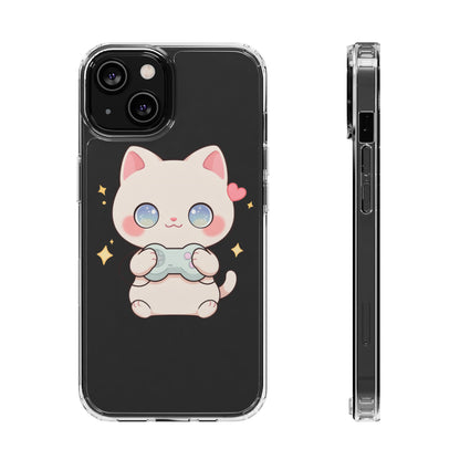 Kawaii Gamer Cat Clear Phone Case for Gaming Fans