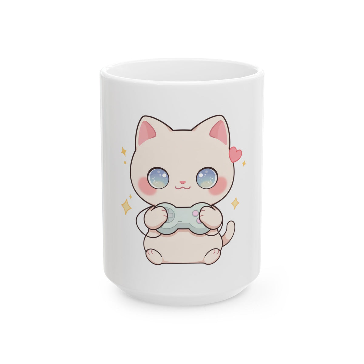 Kawaii Gamer Cat Mug, Cute Video Game Cat Ceramic Coffee Mug