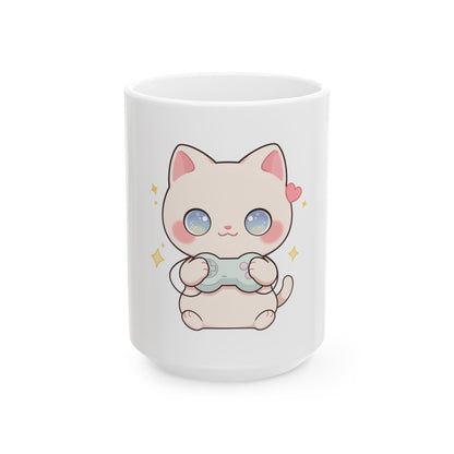 Kawaii Gamer Cat Mug, Cute Video Game Cat Ceramic Coffee Mug