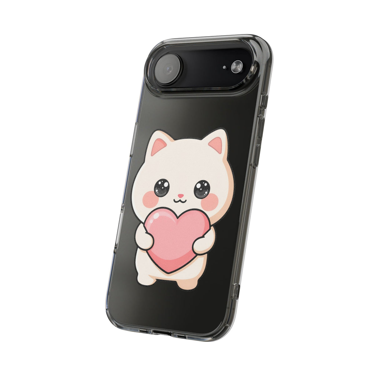 Kawaii Cat Phone Case with Heart, Clear Impact-Resistant