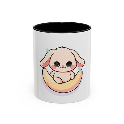 Kawaii Bunny Accent Coffee Mug, Cute Moon Rabbit Gift