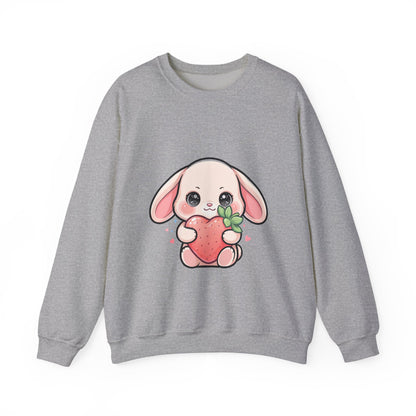 Kawaii Bunny Sweatshirt Hugging a Strawberry