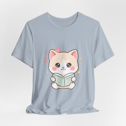 Kawaii Reading Cat T-Shirt for Book Lovers