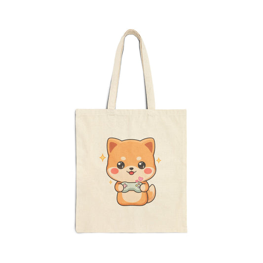 Kawaii Gamer Shiba Inu Cotton Canvas Tote Bag