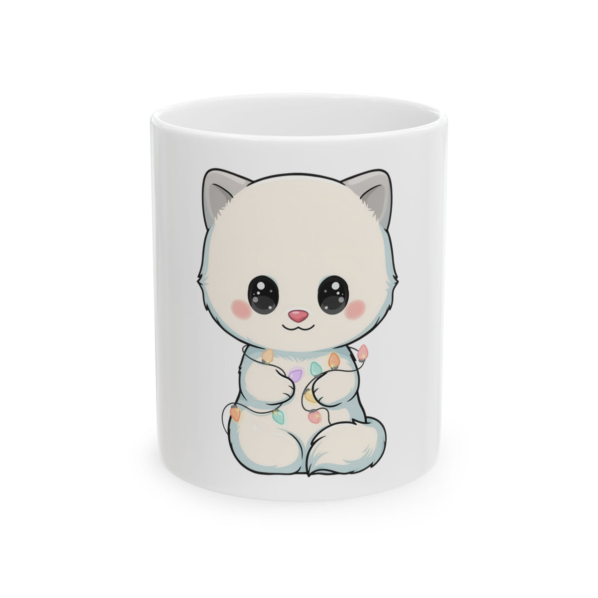 Arctic Fox Mug with Fairy Lights, Cute Kawaii Ceramic Cup