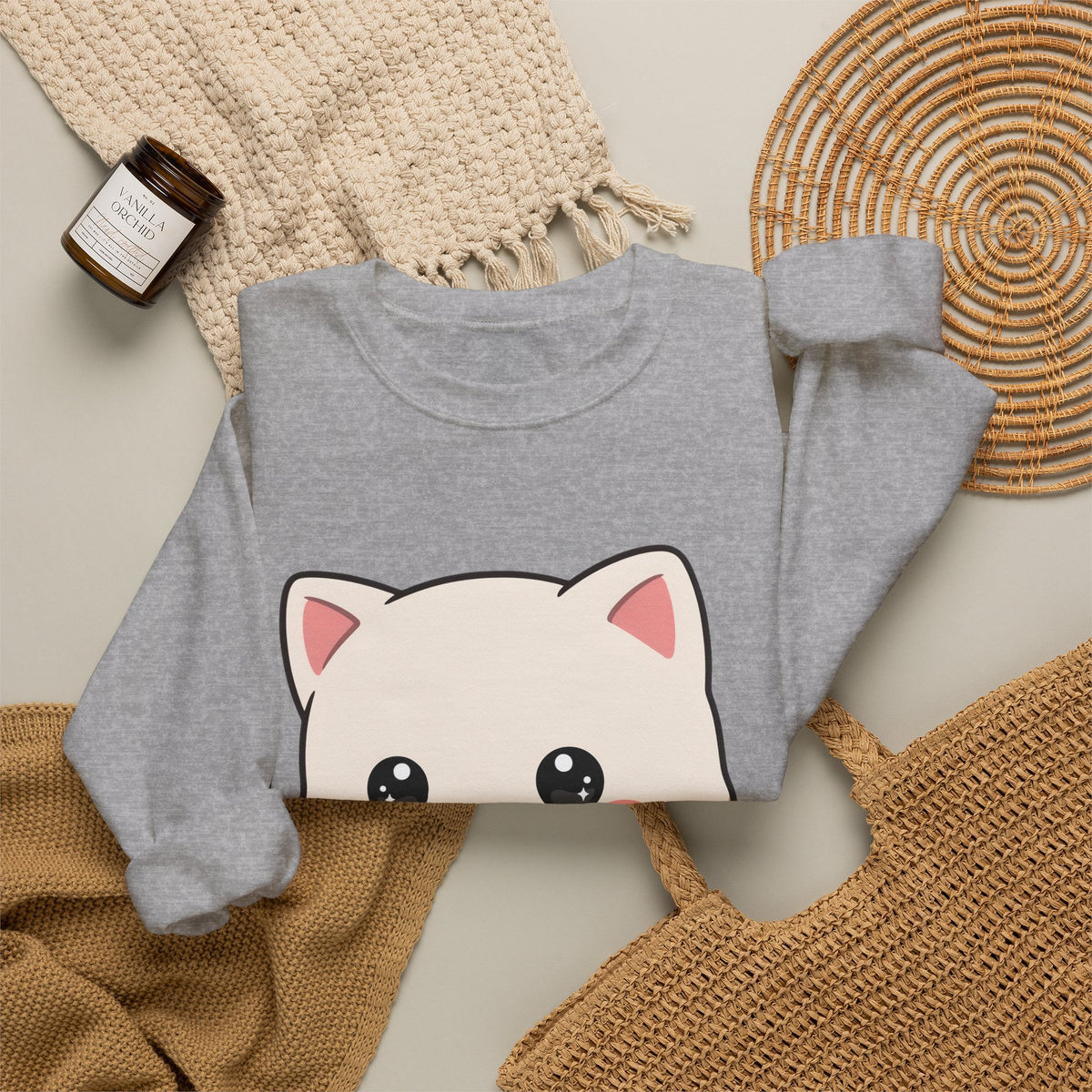 Kawaii Cat Strawberry Sweatshirt, Cute Chibi Crewneck