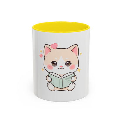 Kawaii Cat Reading Mug, Cute Book Lover Accent Coffee Mug