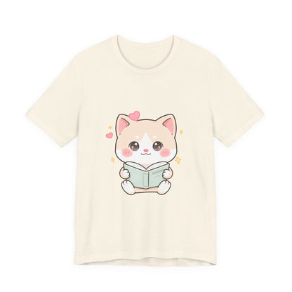 Kawaii Reading Cat T-Shirt for Book Lovers