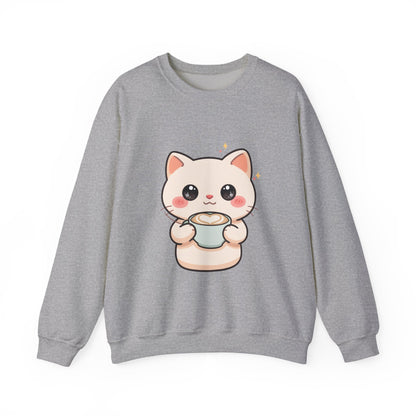 Kawaii Latte Cat Sweatshirt, Cute Chibi Coffee Cat Crewneck