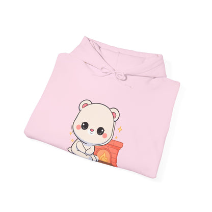 Kawaii Polar Bear Hoodie, Cozy Fireplace Cub Sweatshirt