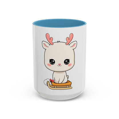 Christmas Reindeer Accent Coffee Mug, Cute Kawaii Sledding Gift