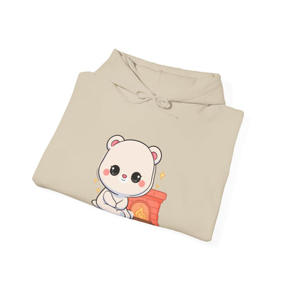 Kawaii Polar Bear Hoodie, Cozy Fireplace Cub Sweatshirt