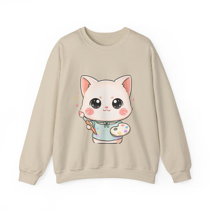 Kawaii Artist Cat Sweatshirt, Cute Creative Cat Lover Gift