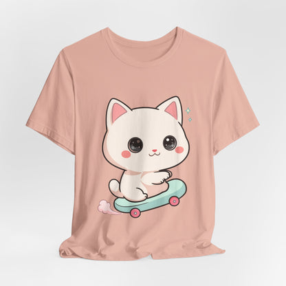 Kawaii Skateboarding Cat T-Shirt – Cute Chibi Kitty Tee