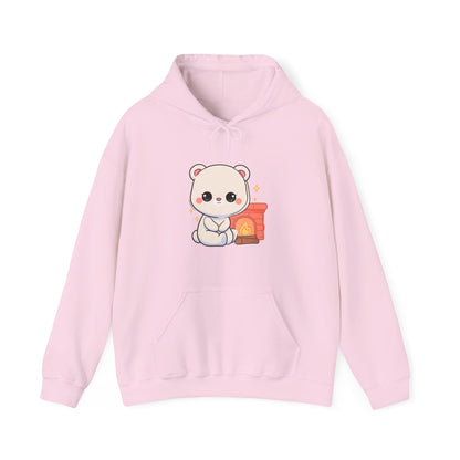 Kawaii Polar Bear Hoodie, Cozy Fireplace Cub Sweatshirt