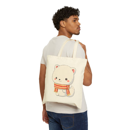 Christmas Fox Tote Bag, Kawaii Arctic Fox Canvas Bag