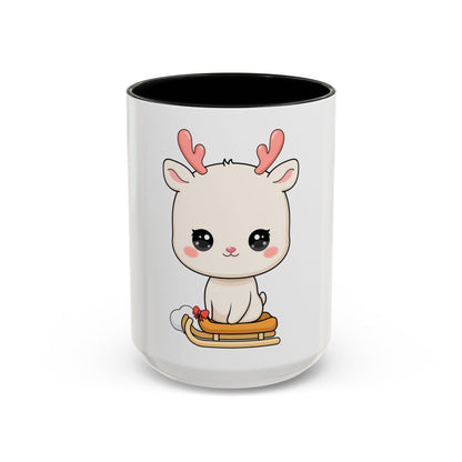 Christmas Reindeer Accent Coffee Mug, Cute Kawaii Sledding Gift