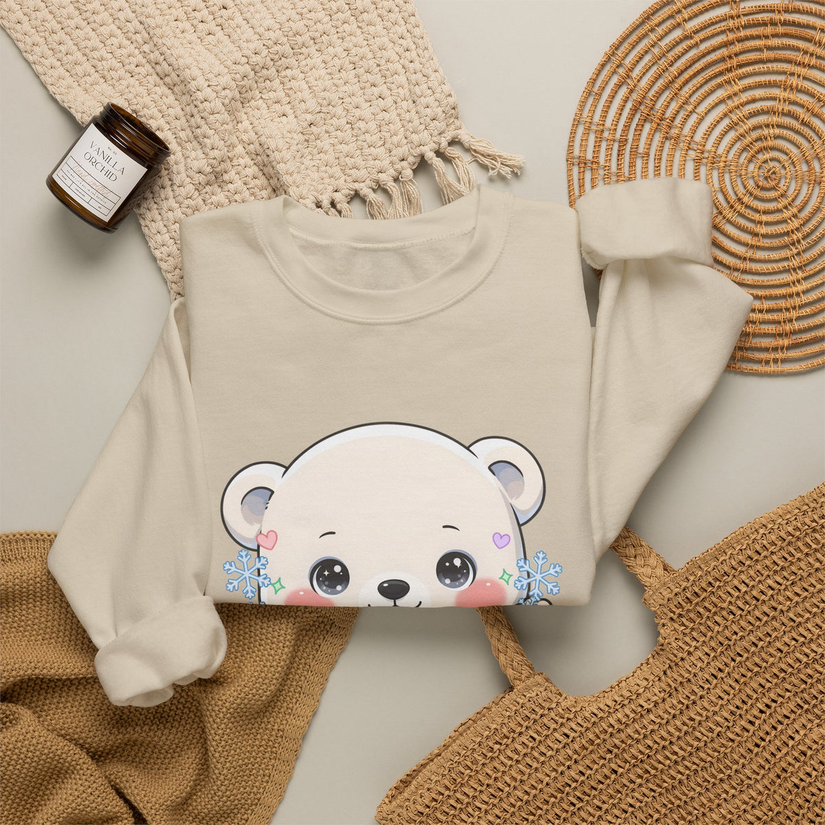 Kawaii Polar Bear Sweatshirt, Cute Snowflake Crewneck