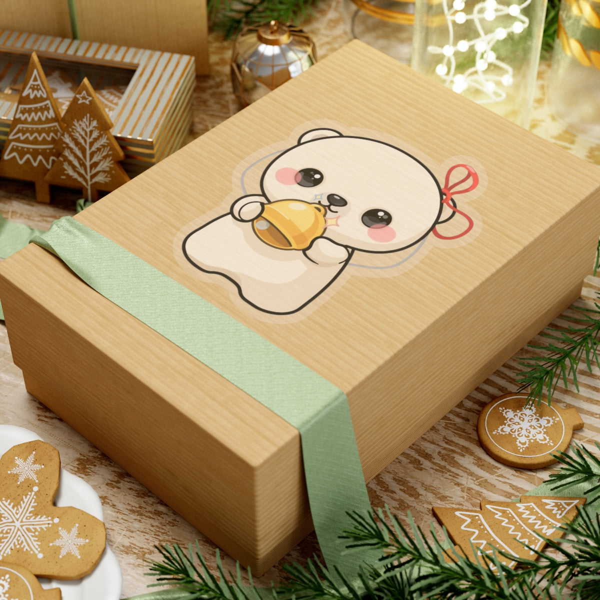 Kawaii Polar Bear Sticker, Cute Jingle Bell Cub
