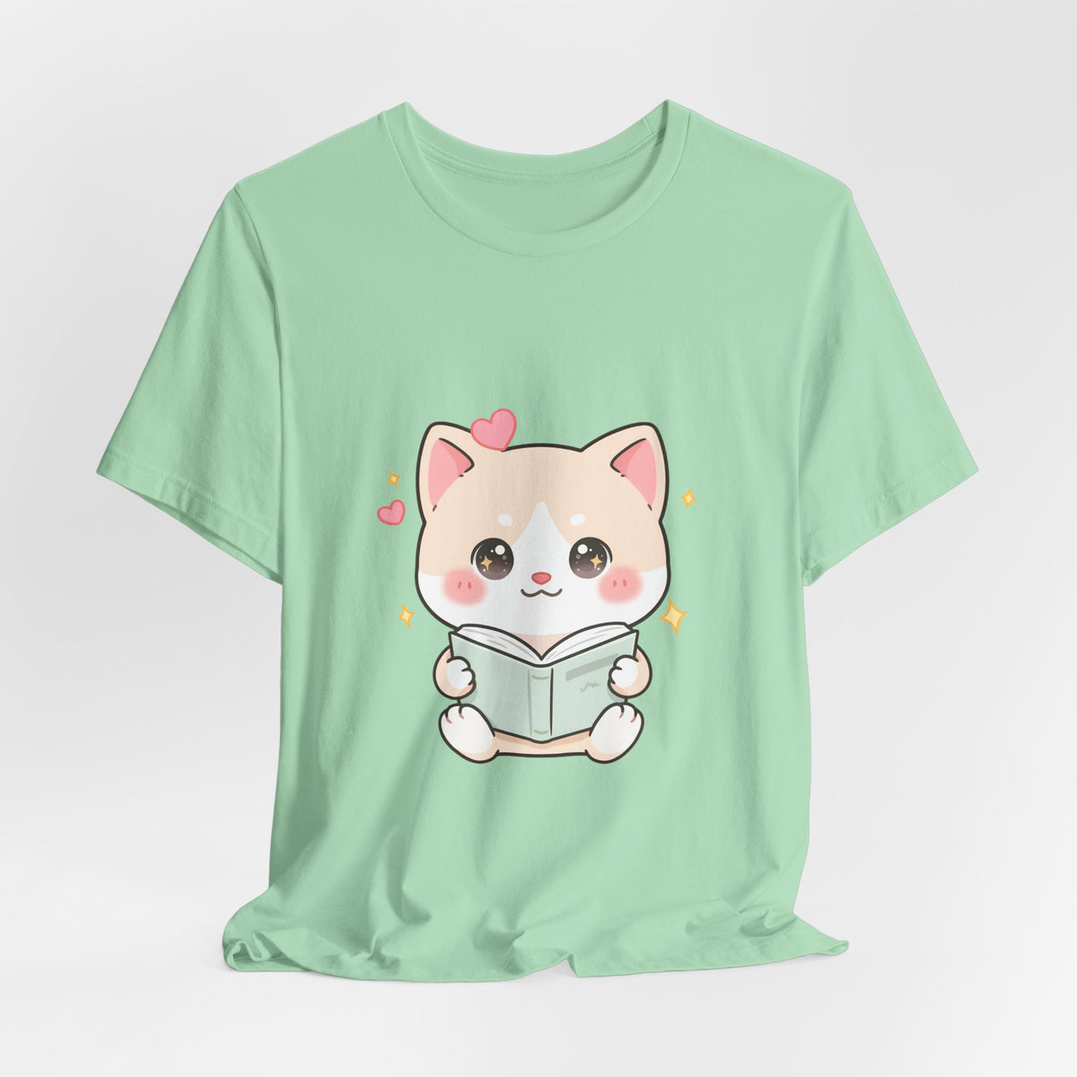 Kawaii Reading Cat T-Shirt for Book Lovers