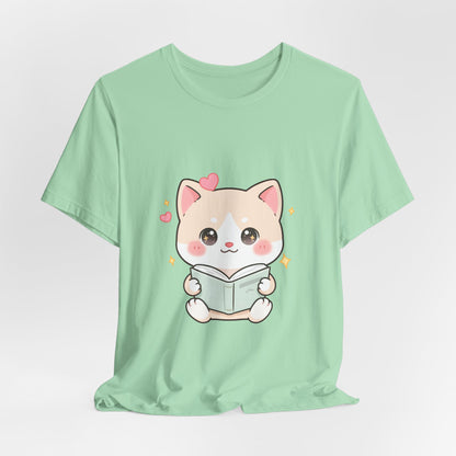 Kawaii Reading Cat T-Shirt for Book Lovers