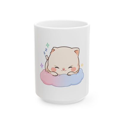 Kawaii Sleeping Cat Mug, Cute Cloud Cat Ceramic Cup
