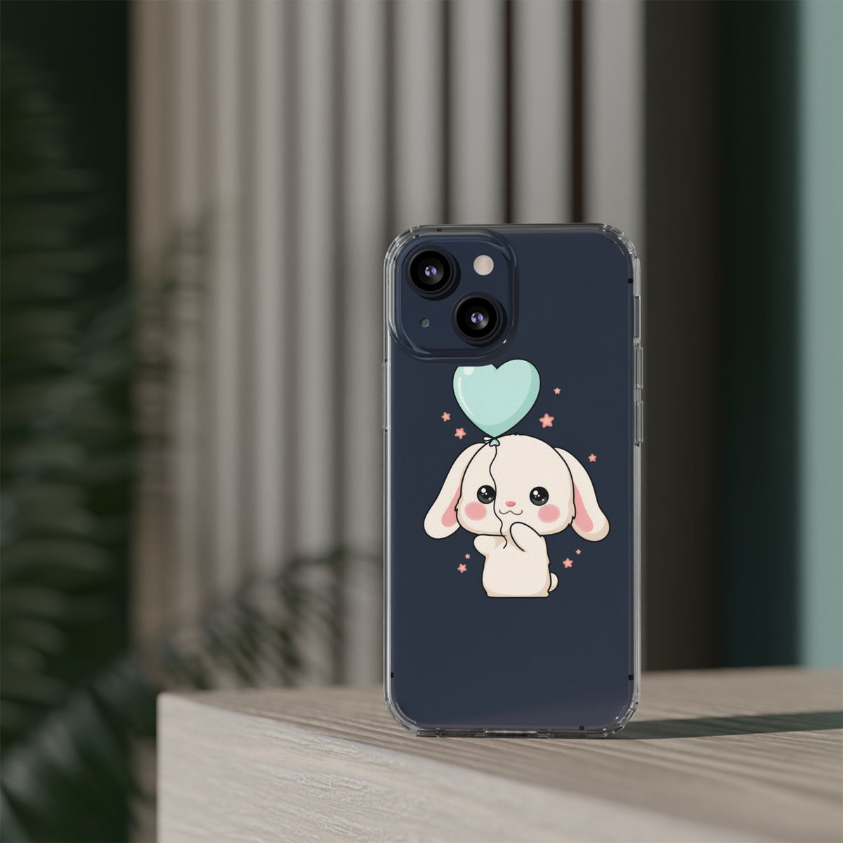 Kawaii Bunny Phone Case with Balloon, Clear Impact-Resistant