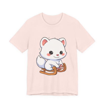 Kawaii Arctic Fox Sledding T-Shirt, Cute Unisex Tee