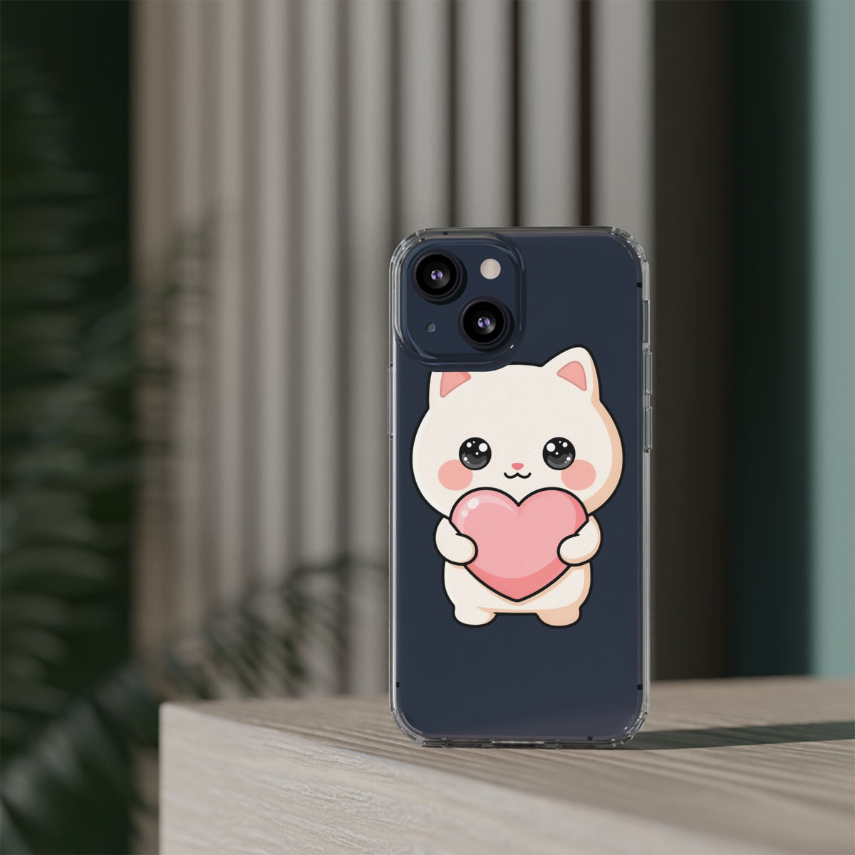 Kawaii Cat Phone Case with Heart, Clear Impact-Resistant