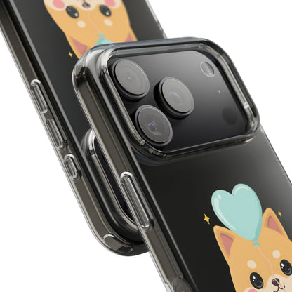 Kawaii Shiba Inu Clear Phone Case with Heart Balloon