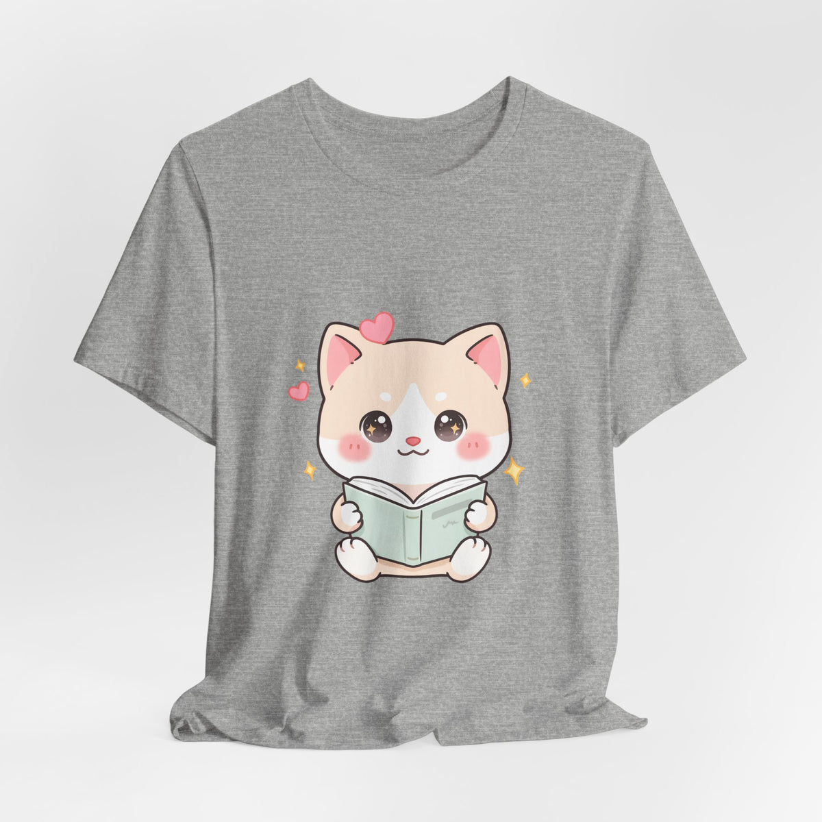 Kawaii Reading Cat T-Shirt for Book Lovers