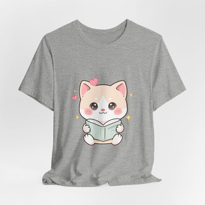 Kawaii Reading Cat T-Shirt for Book Lovers