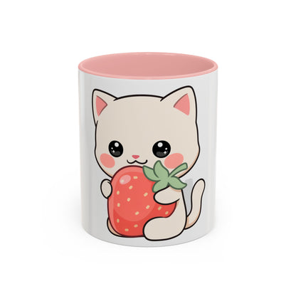 Kawaii Cat Strawberry Accent Coffee Mug