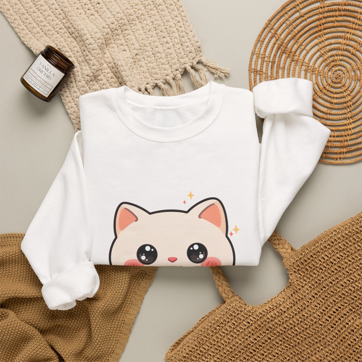 Kawaii Latte Cat Sweatshirt, Cute Chibi Coffee Cat Crewneck