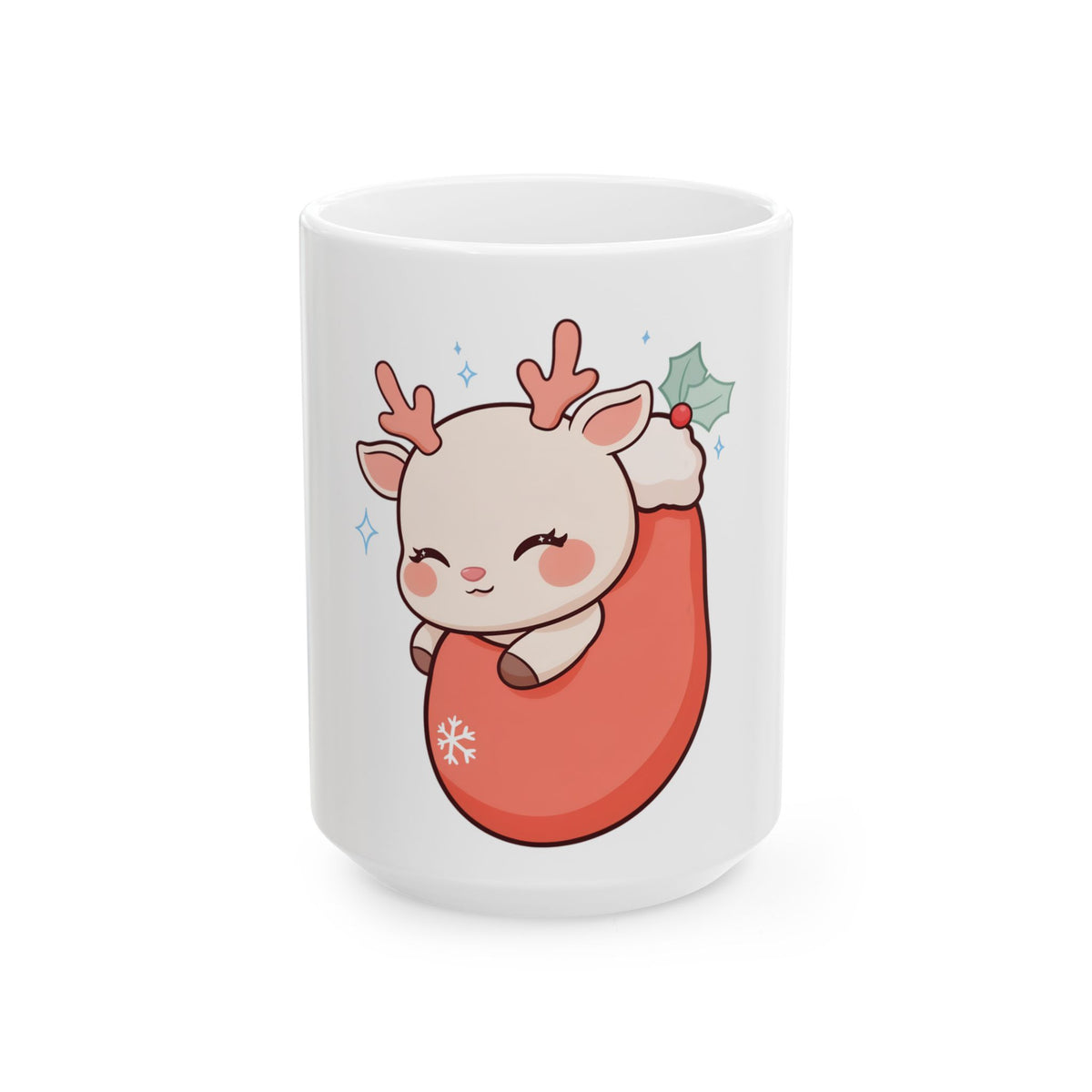 Kawaii Reindeer Christmas Mug, Sleeping Stocking Cutie