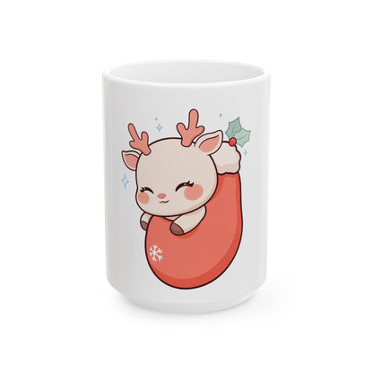 Kawaii Reindeer Christmas Mug, Sleeping Stocking Cutie