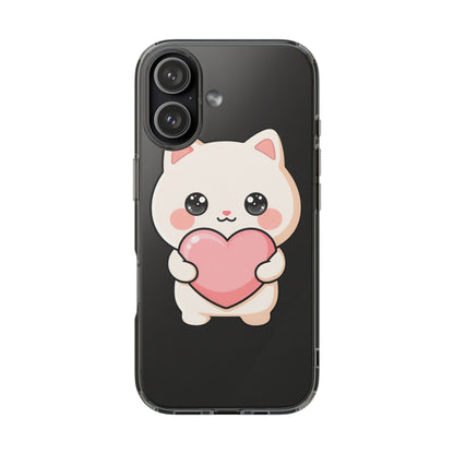 Kawaii Cat Phone Case with Heart, Clear Impact-Resistant