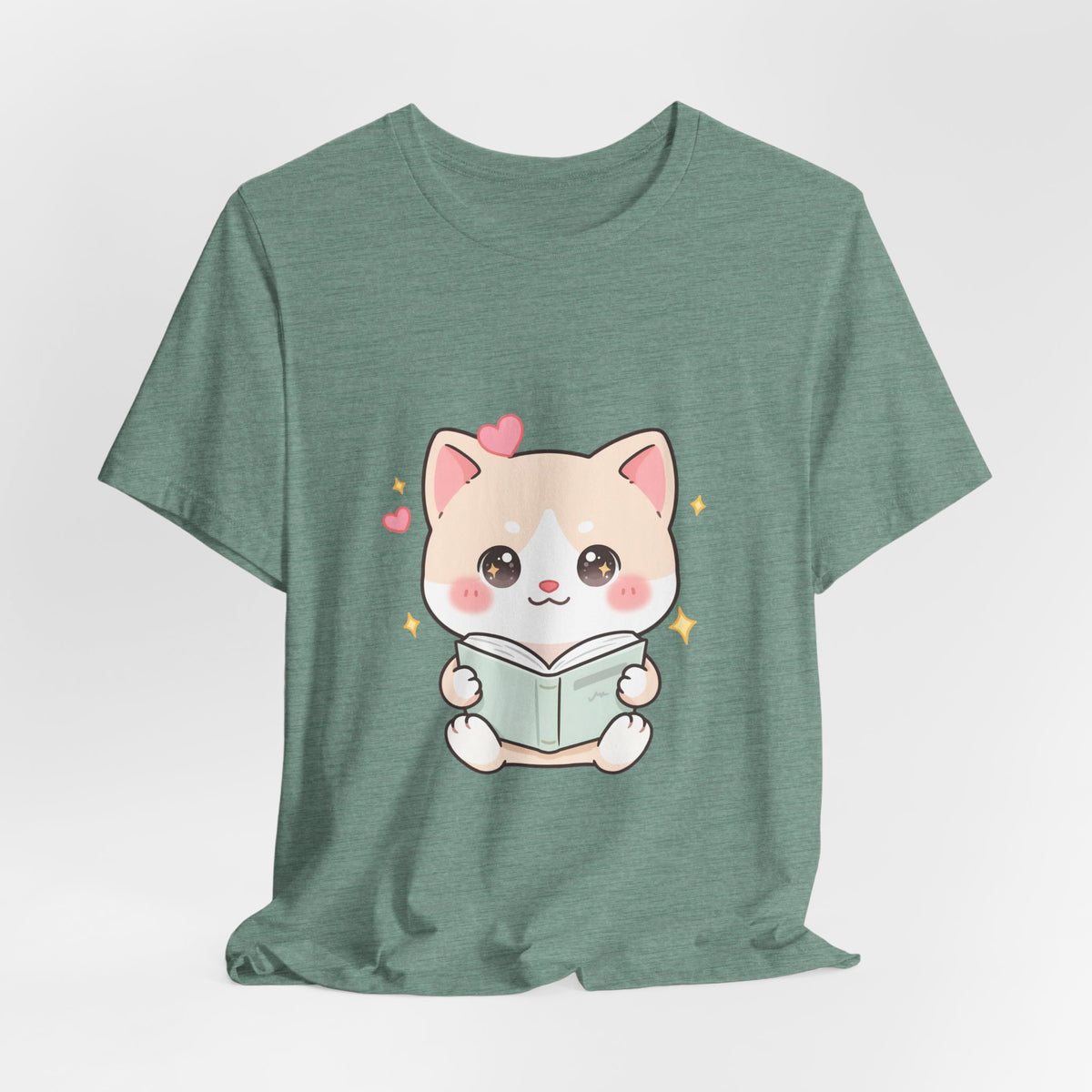 Kawaii Reading Cat T-Shirt for Book Lovers