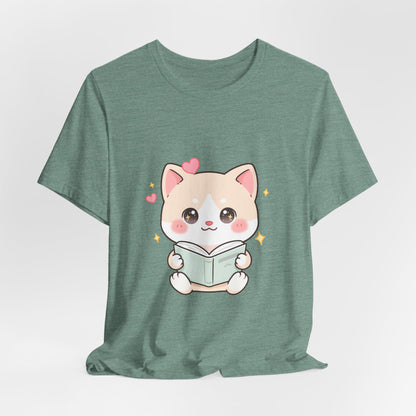 Kawaii Reading Cat T-Shirt for Book Lovers
