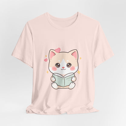 Kawaii Reading Cat T-Shirt for Book Lovers