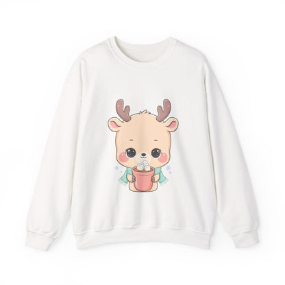 Kawaii Reindeer Sweatshirt, Cute Hot Cocoa Holiday Crewneck