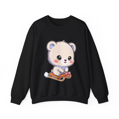 Kawaii Polar Bear Sweatshirt, Cute Sledding Cub Crewneck